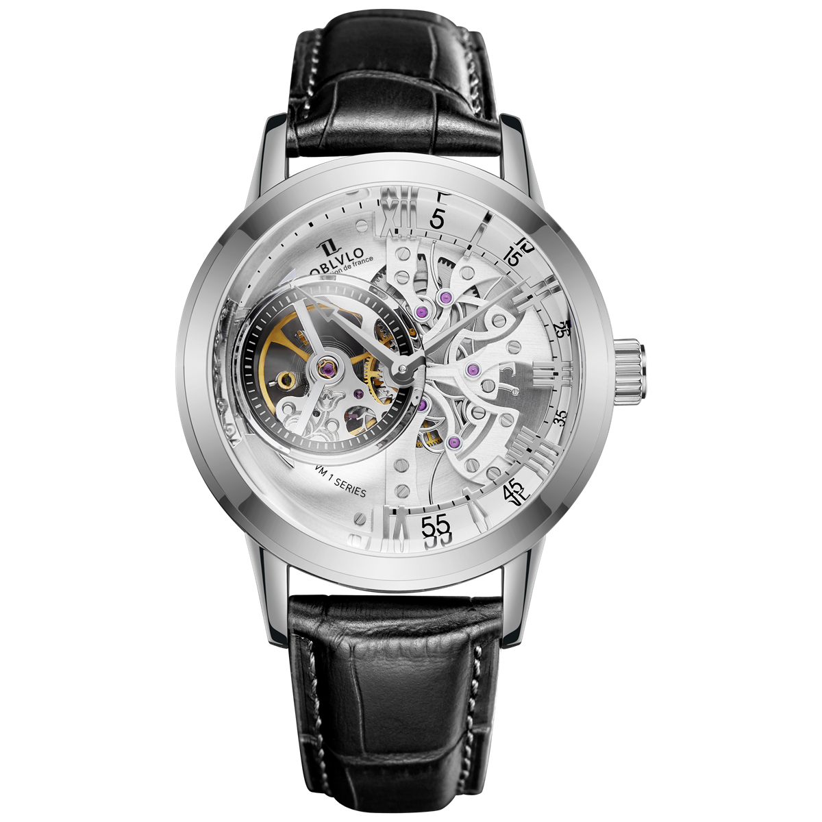 OBLVLO Luxury Retro Casual Men Skeleton Automatic Watches Mechanical Calfskin Strap Mineral Crystal Glass Waterproof Dial 45 VM