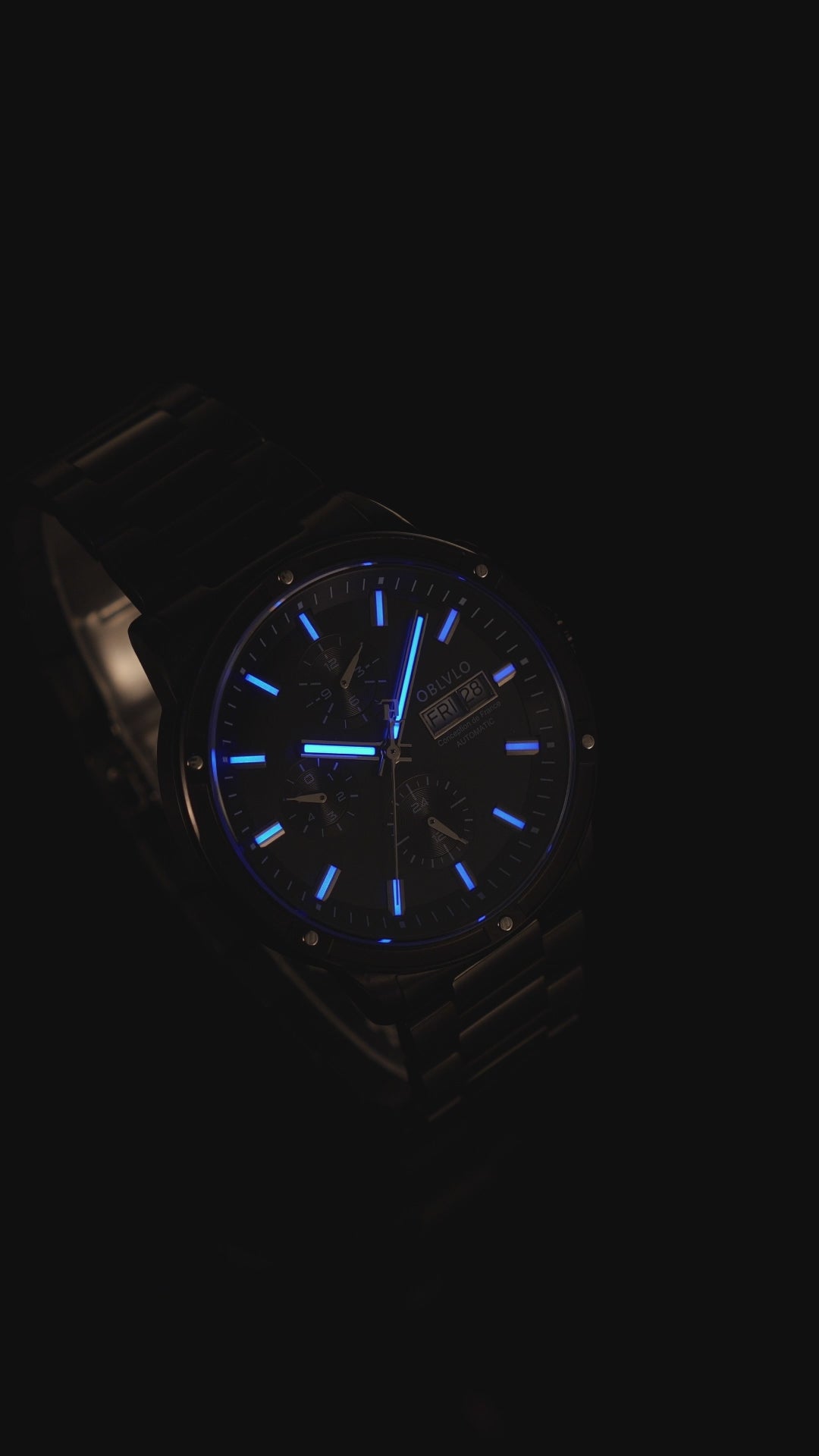 OBLVLO Men Dress Automatic Mechanical Watch Stainless Steel Strap Sapphire Year Month Weekly Calendar 24Hour Luminous Clock CM