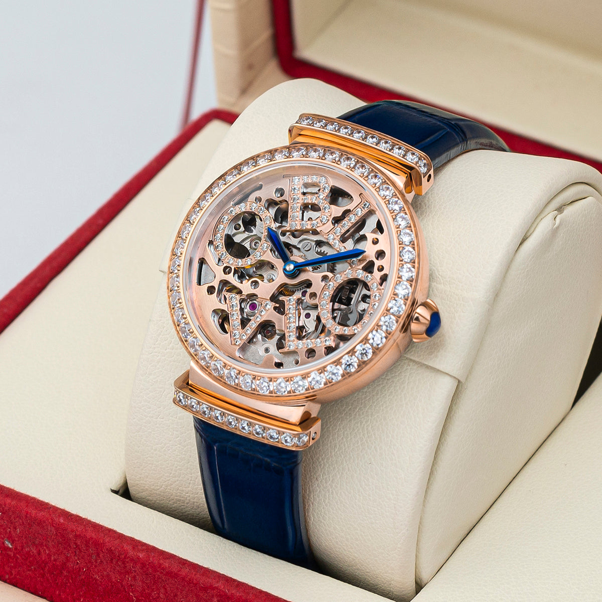 OBLVLO Women Skeleton Automatic Watch Mechanical Calf Leather Strap Sapphire Waterproof Dial 34mm BW