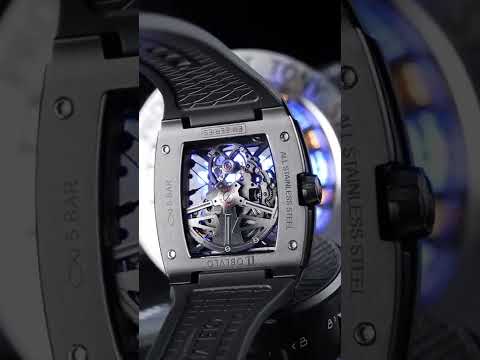 OBLVLO Original Brand Men Automatic Mechanical Watch Sport Skeleton Luminous Wine Barrel Carbon Fiber Case Rubber Strap EM-ST