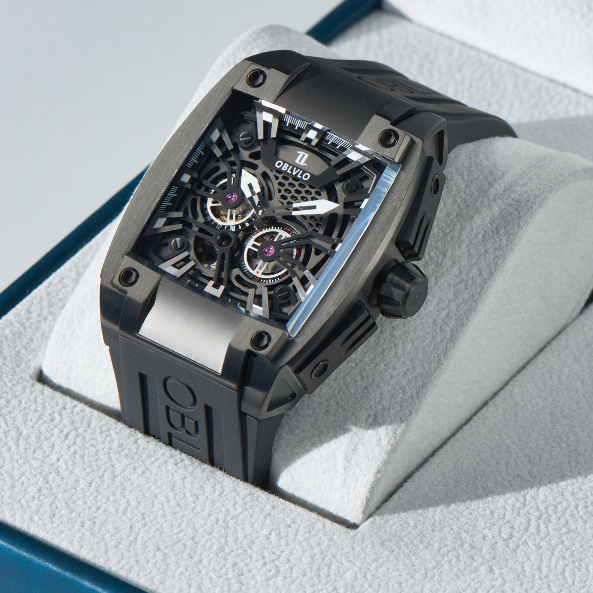 OBLVLO Personalized Men Automatic Mechanical Watch Luminous Skeleton Stainless Steel Case Rubber Strap Sapphire Big Rectangle GM