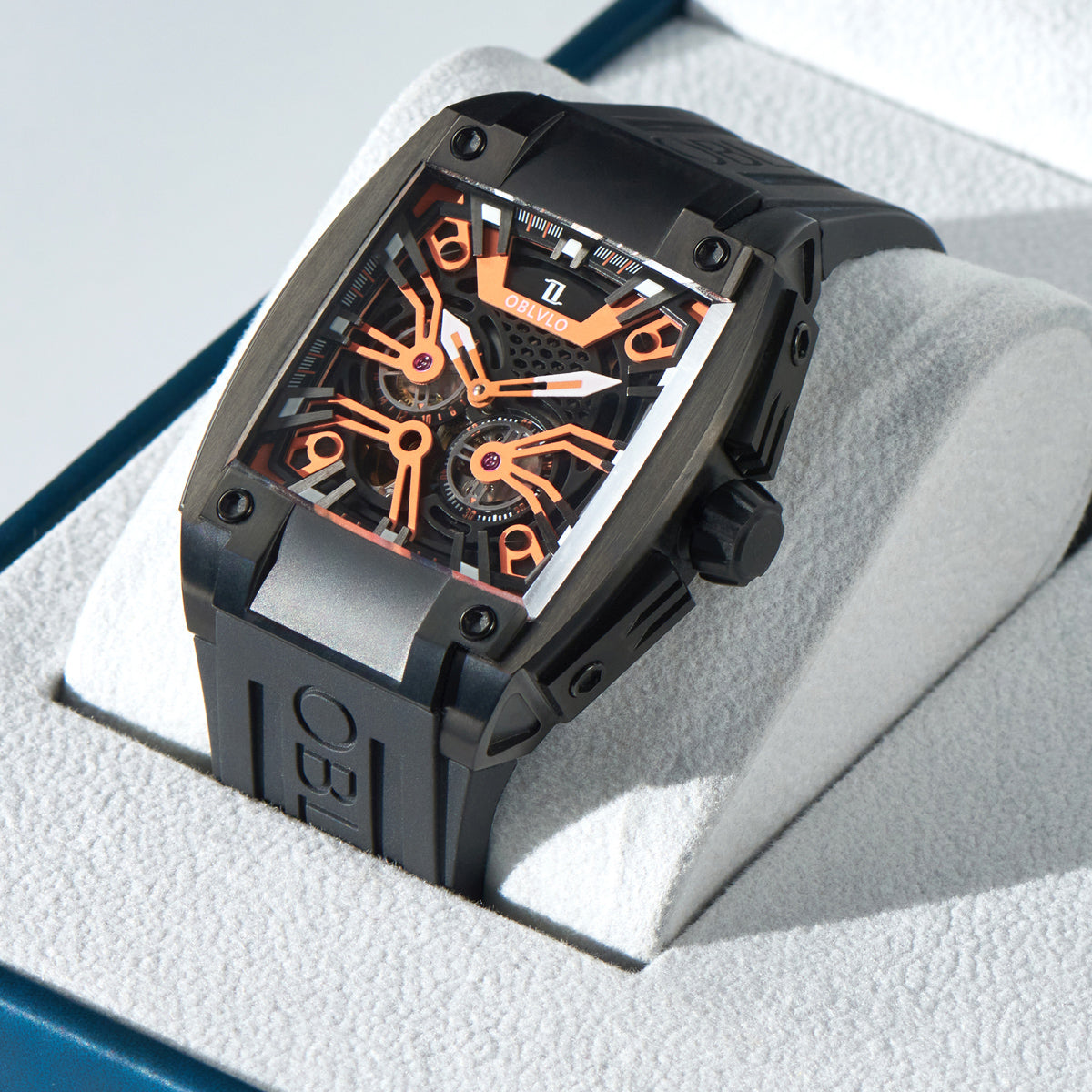 OBLVLO Personalized Men Automatic Mechanical Watch Luminous Skeleton Stainless Steel Case Rubber Strap Sapphire Big Rectangle GM