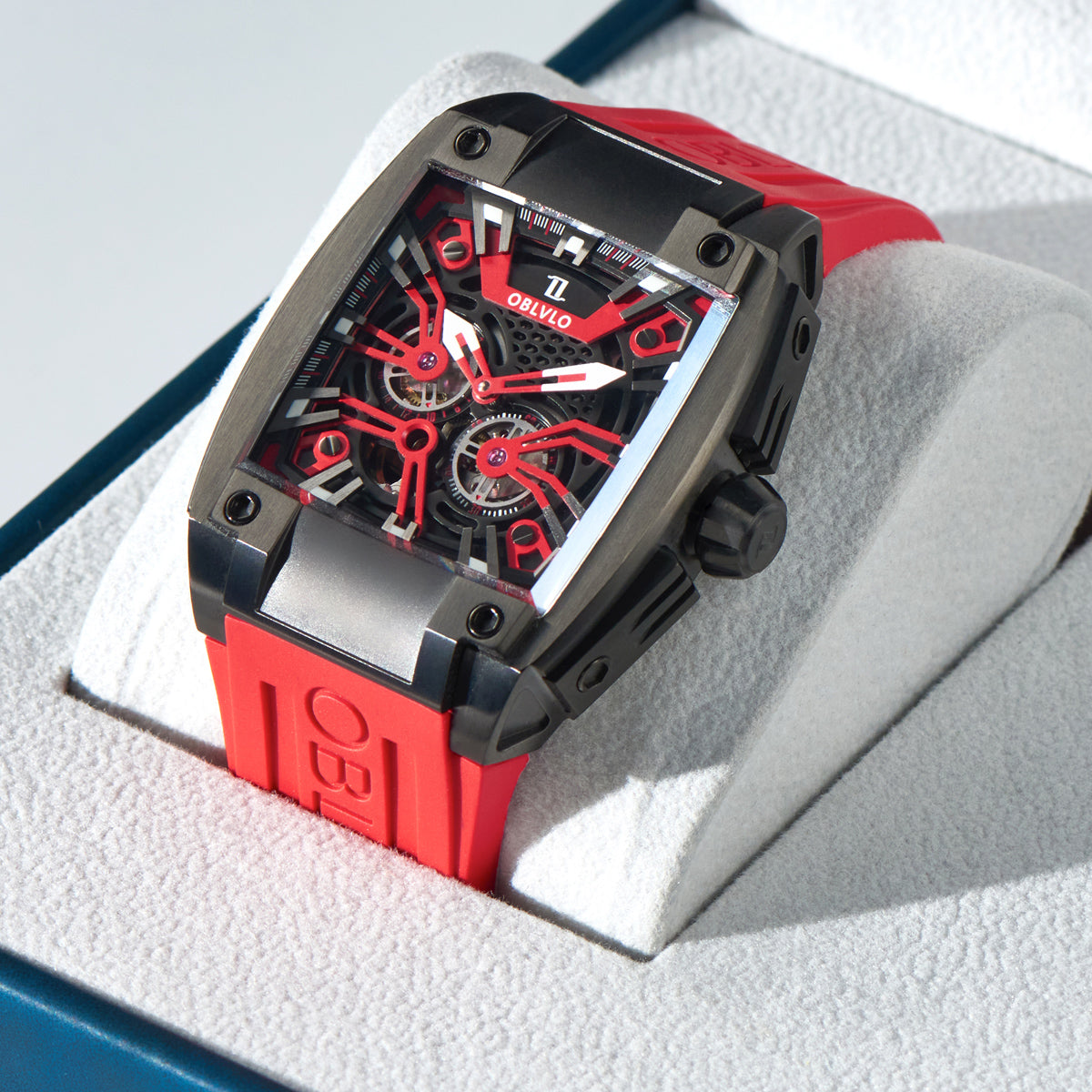 OBLVLO Personalized Men Automatic Mechanical Watch Luminous Skeleton Stainless Steel Case Rubber Strap Sapphire Big Rectangle GM