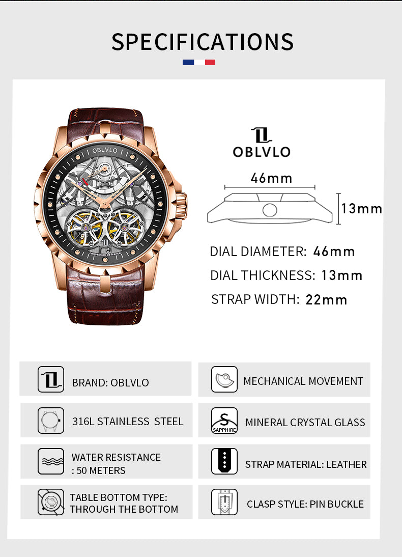 OBLVLO Luxury Transparent Hollow Men Skeleton Automatic Watches Sport Mechanical Double Flywheel Calfskin Leather Sapphire RM-E