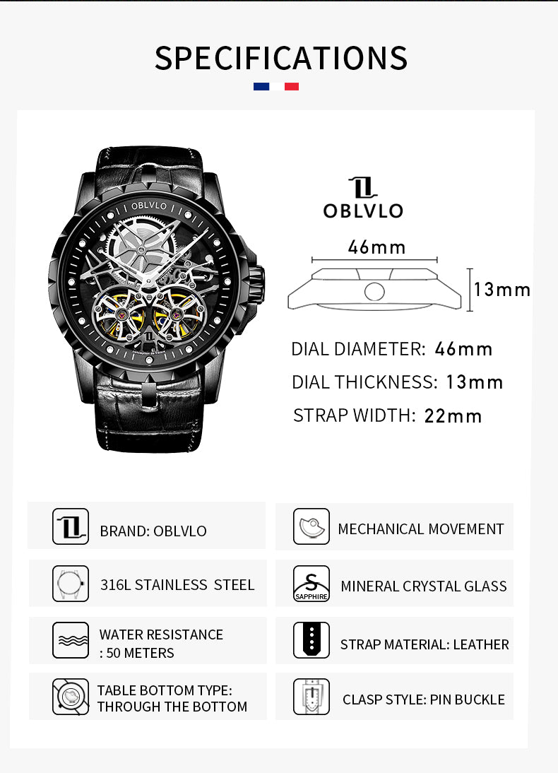 OBLVLO Men Military Skeleton Automatic Watch Mechanical Soft Calfskin Strap Sapphire Waterproof Double Flywheel Dial Clock RM-T
