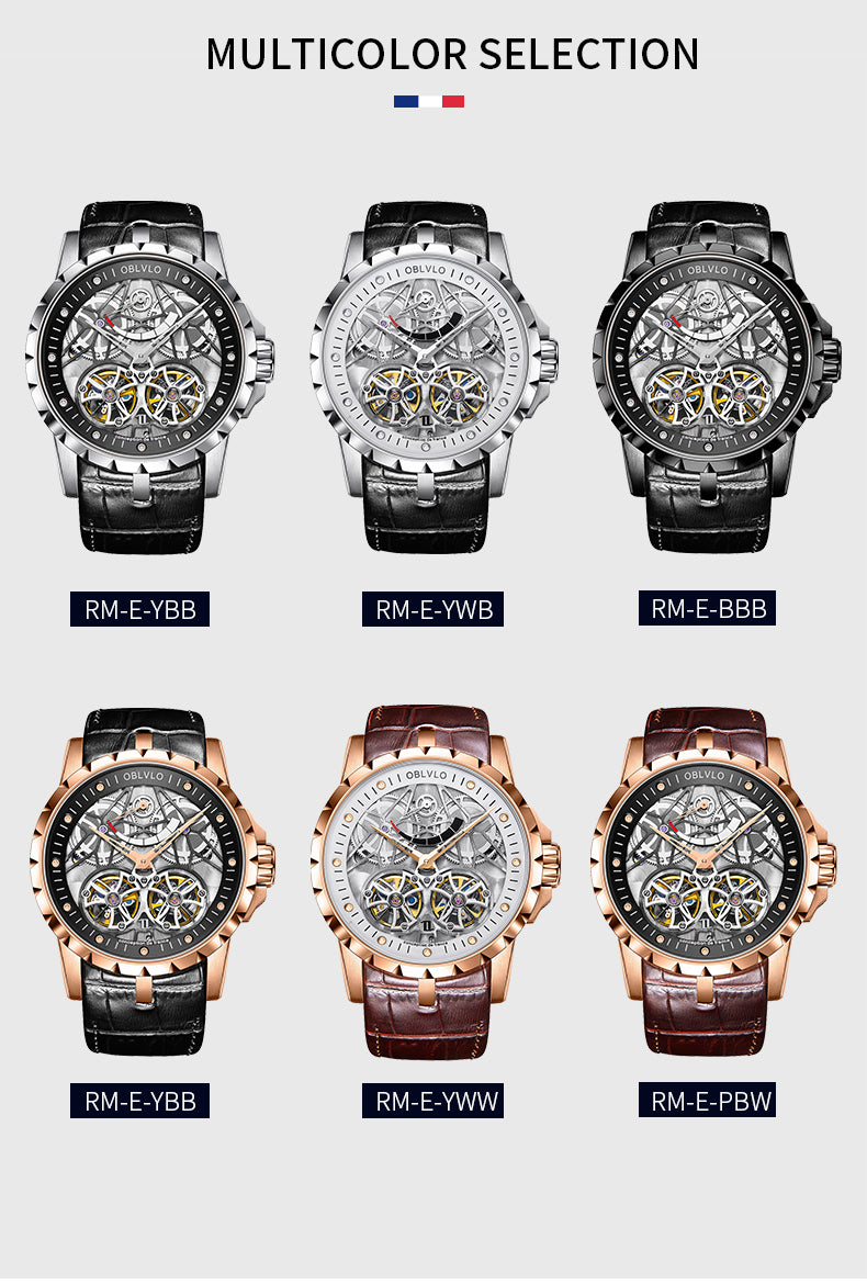 OBLVLO Luxury Transparent Hollow Men Skeleton Automatic Watches Sport Mechanical Double Flywheel Calfskin Leather Sapphire RM-E