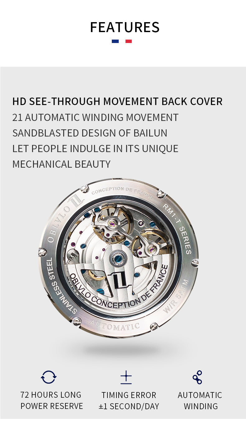 OBLVLO Luxury Transparent Hollow Men Skeleton Automatic Watches Sport Mechanical Double Flywheel Calfskin Leather Sapphire RM-E