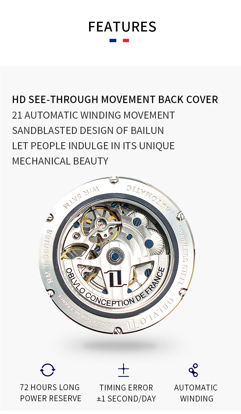 OBLVLO Men Military Skeleton Automatic Watch Mechanical Soft Calfskin Strap Sapphire Waterproof Double Flywheel Dial Clock RM-T