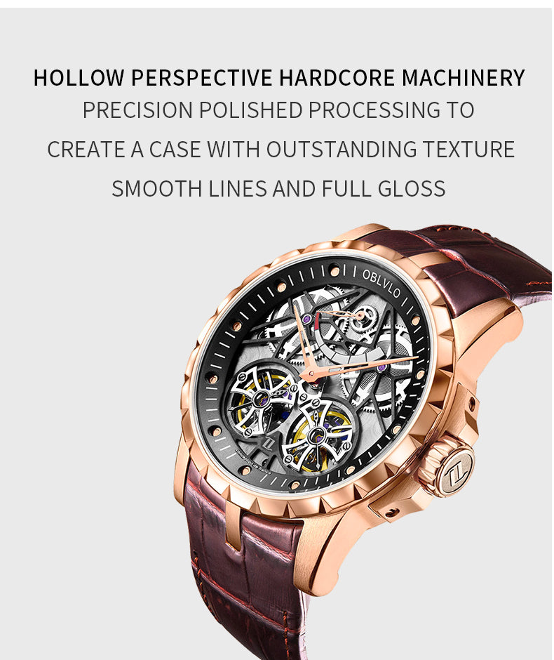 OBLVLO Luxury Transparent Hollow Men Skeleton Automatic Watches Sport Mechanical Double Flywheel Calfskin Leather Sapphire RM-E