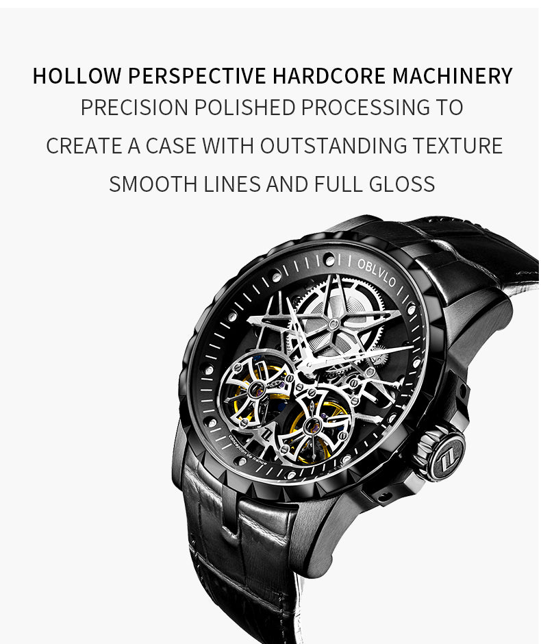 OBLVLO Men Military Skeleton Automatic Watch Mechanical Soft Calfskin Strap Sapphire Waterproof Double Flywheel Dial Clock RM-T