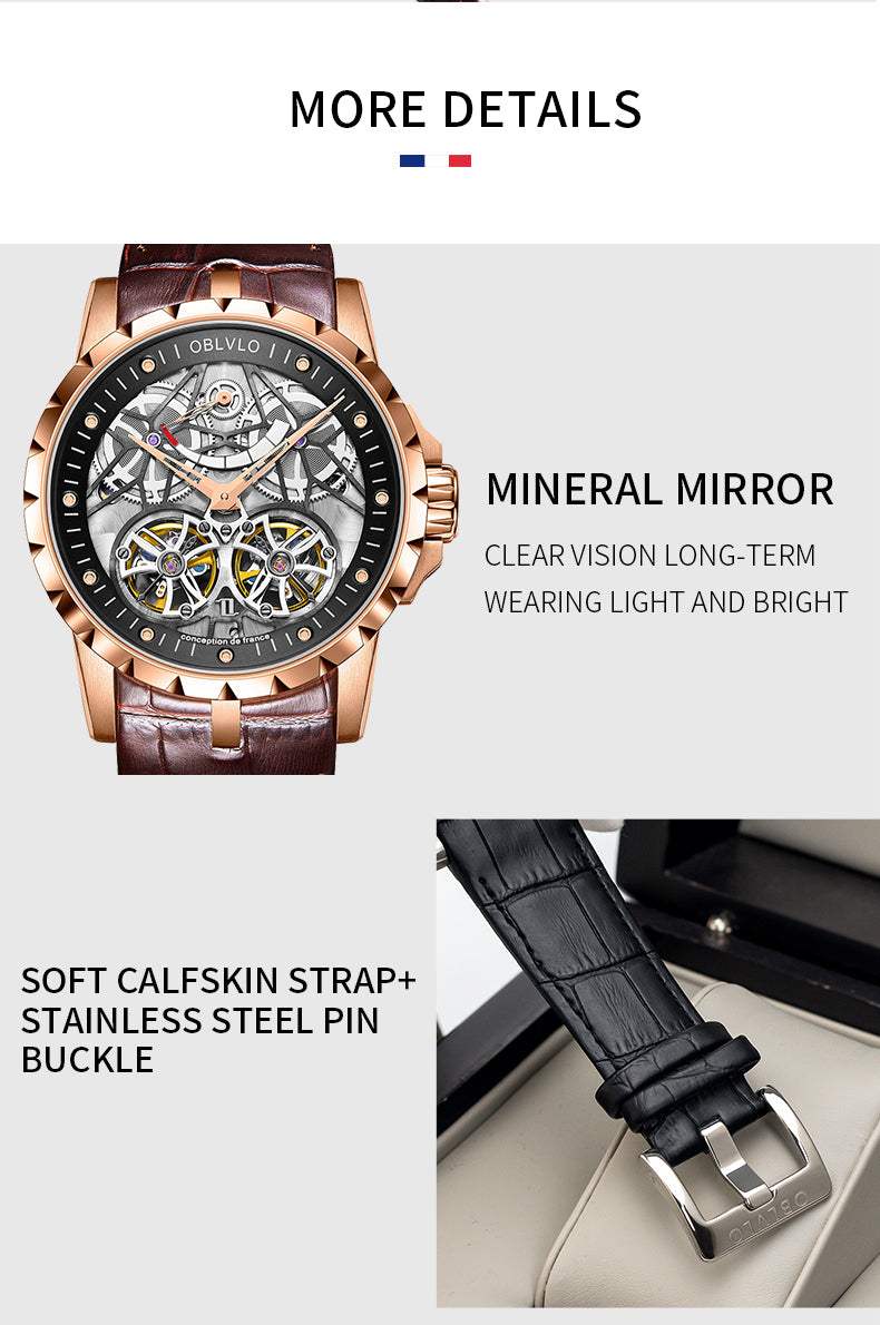 OBLVLO Luxury Transparent Hollow Men Skeleton Automatic Watches Sport Mechanical Double Flywheel Calfskin Leather Sapphire RM-E