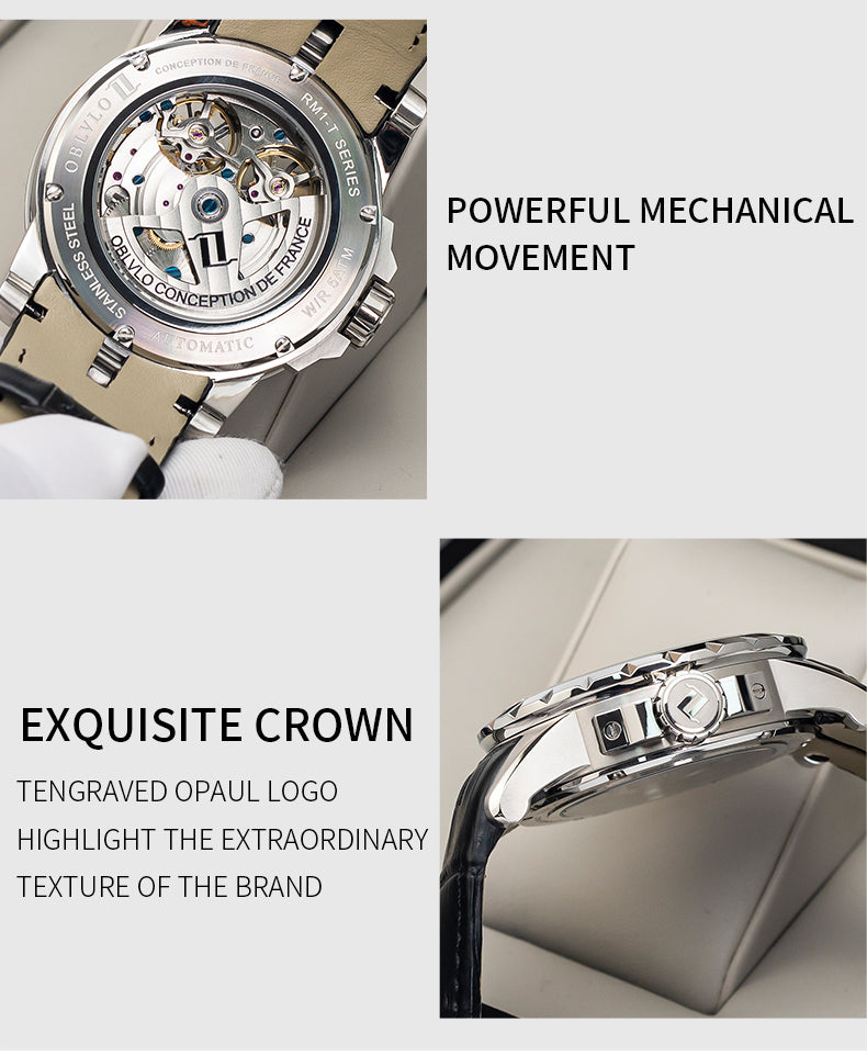 OBLVLO Luxury Transparent Hollow Men Skeleton Automatic Watches Sport Mechanical Double Flywheel Calfskin Leather Sapphire RM-E