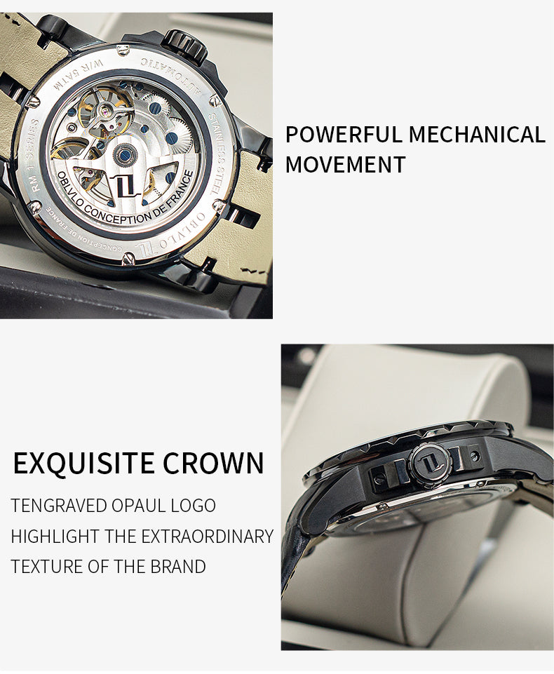OBLVLO Men Military Skeleton Automatic Watch Mechanical Soft Calfskin Strap Sapphire Waterproof Double Flywheel Dial Clock RM-T