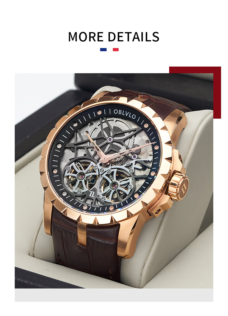 OBLVLO Luxury Transparent Hollow Men Skeleton Automatic Watches Sport Mechanical Double Flywheel Calfskin Leather Sapphire RM-E