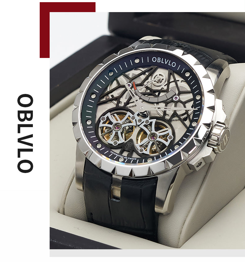 OBLVLO Luxury Transparent Hollow Men Skeleton Automatic Watches Sport Mechanical Double Flywheel Calfskin Leather Sapphire RM-E