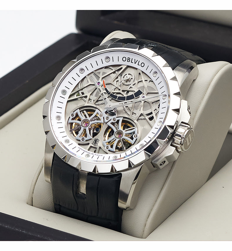 OBLVLO Luxury Transparent Hollow Men Skeleton Automatic Watches Sport Mechanical Double Flywheel Calfskin Leather Sapphire RM-E
